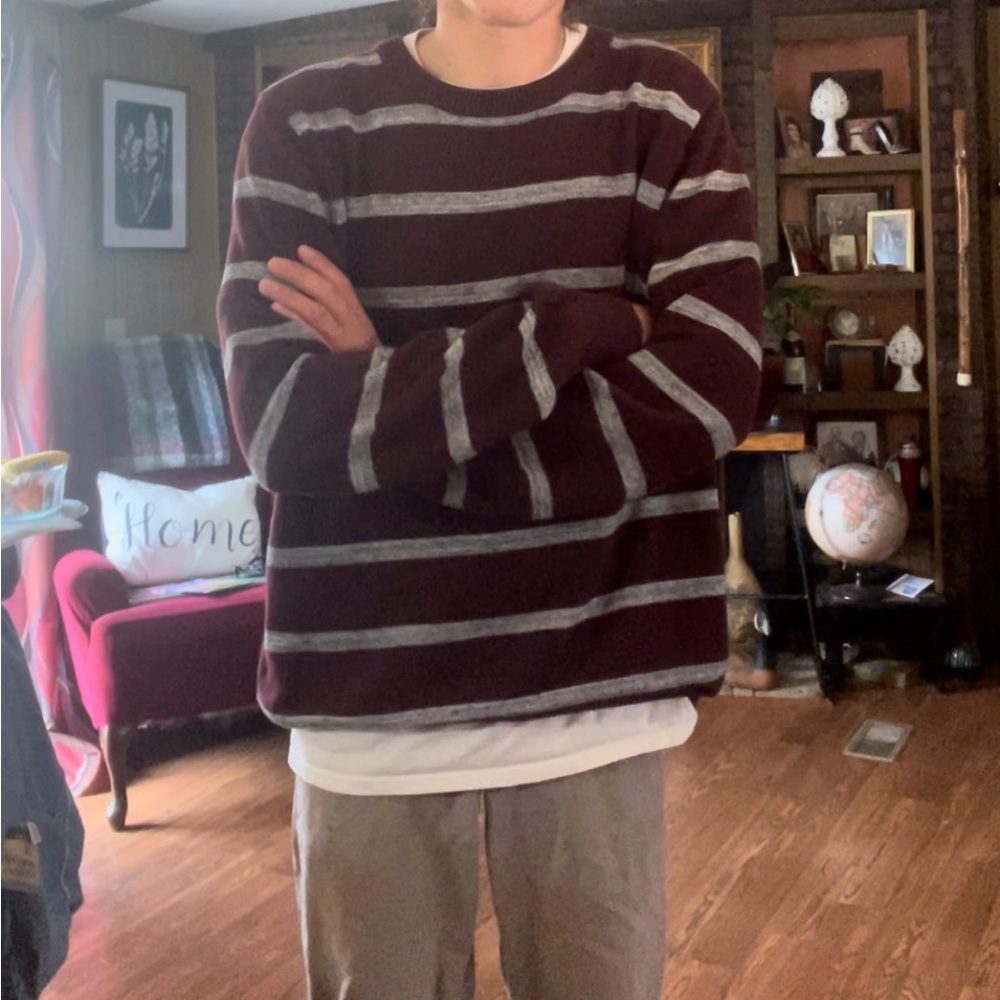 Men's Burgundy and Gray Striped Sweater